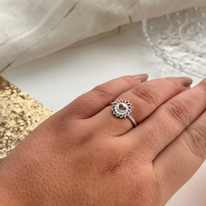 ANEL CORAÇÃO COLORIDO PRATA 925