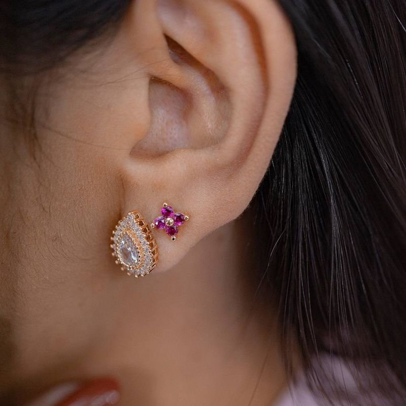 BRINCO FLOR PEDRA - OURO 18K - ROSA - 56