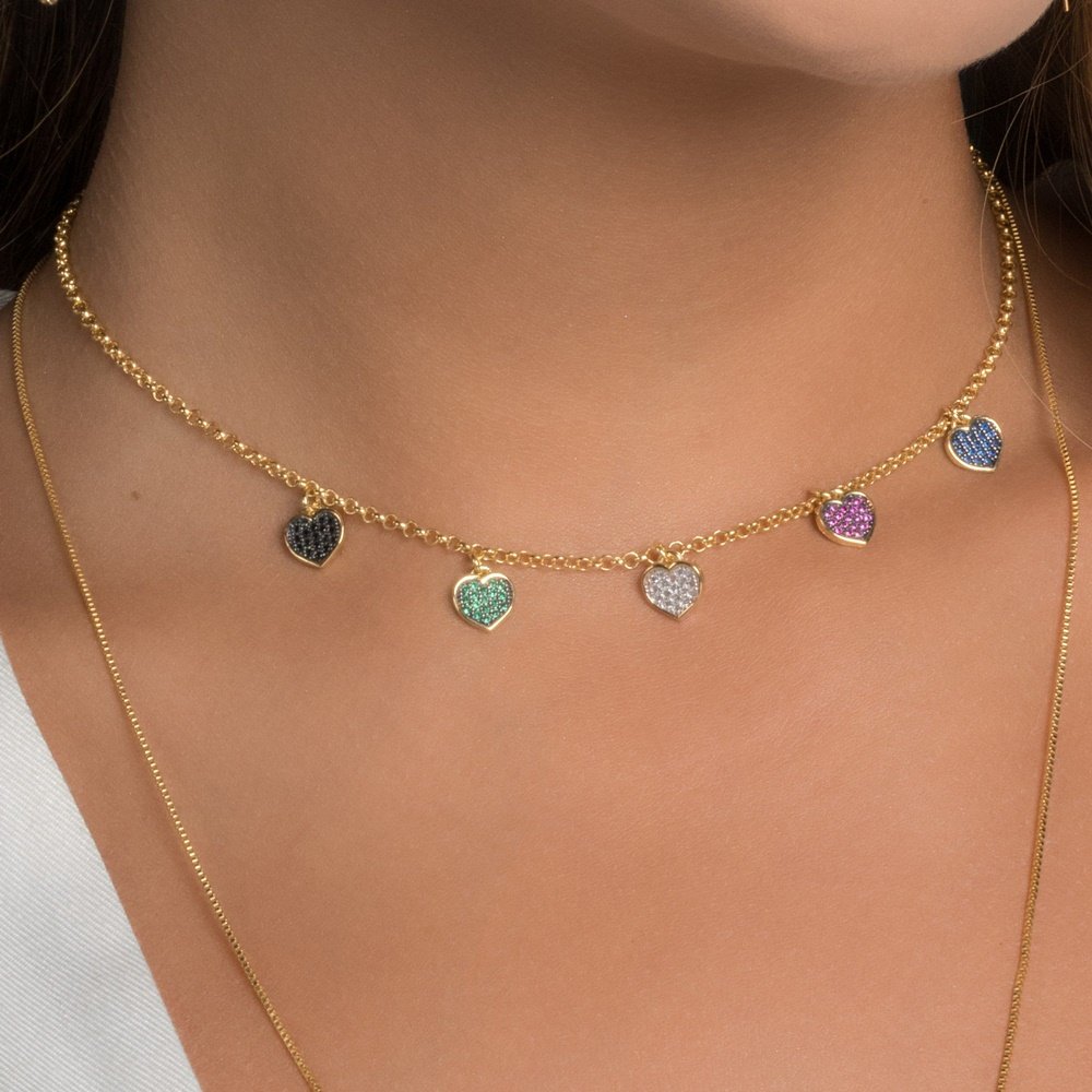 COLAR CHOKER 5 CORAÇÕES COLORIDOS