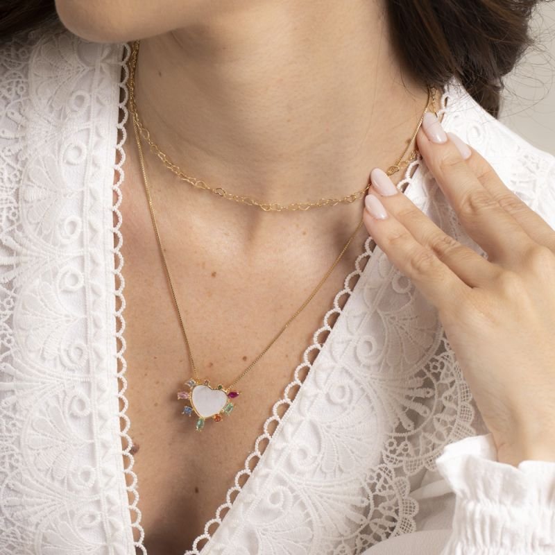 COLAR CORAÇÃO MADREPÉROLA PEDRAS COLORIDAS