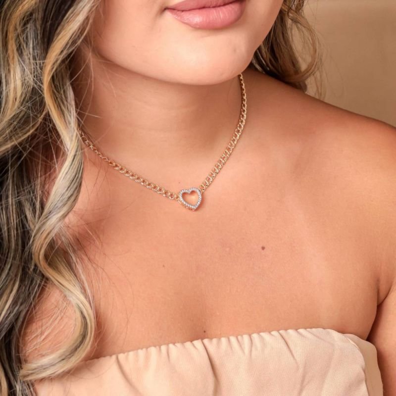 COLAR CORRENTE CORAÇÃO VAZADO CRAVEJADO